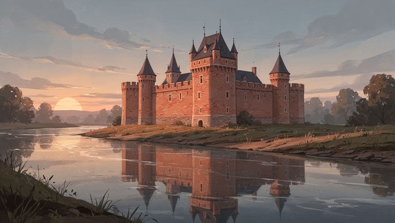 Brick castle on riverbank reflects in calm water at sunrise.