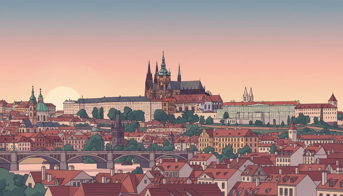 Modern illustration of Prague Castle complex in Czech Republic at sunrise, featuring soft pink light on Gothic towers of St Vitus Cathedral, viewed across Vltava River with layered city rooftops and bridge in foreground.