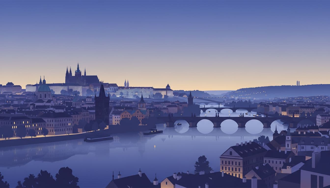 Panoramic view of Prague at blue hour from Letna Park elevated spot, multiple bridges layered over misty Vltava river curving through city, Prague Castle silhouette on hill.