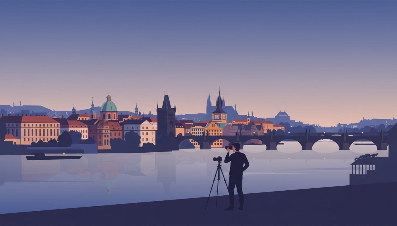 Modern illustration of Prague skyline from Vysehrad viewpoint at blue hour, with spires, bridges, rooftops over calm Vltava river, soft evening lights, and one photographer with tripod in foreground for scale, no crowds.