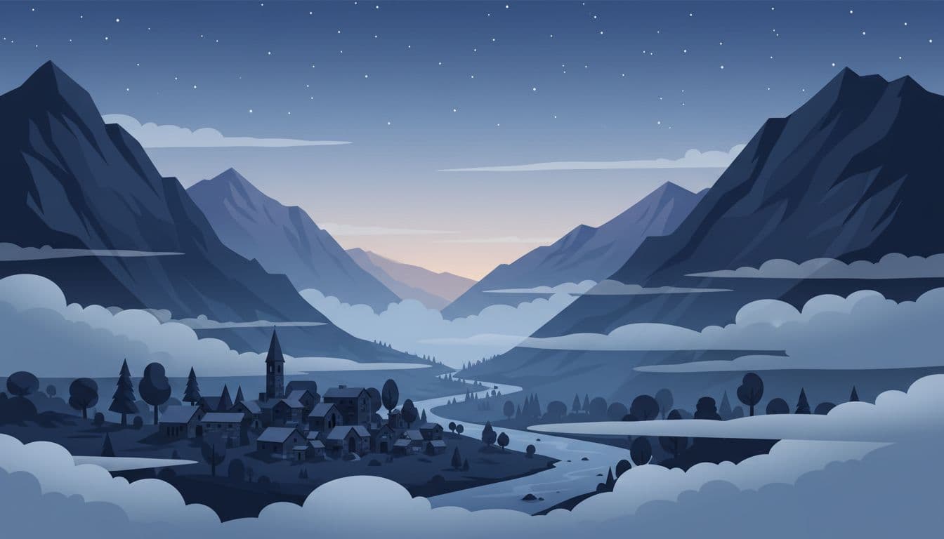 Mountain village nestled in a valley before dawn, with cool dense air draining into low areas near a winding river, light fog layering around stone houses, church steeple, and trees under a partly clear starry sky, in a modern illustration style.