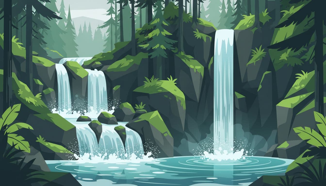 Rugged multi-step Risslochfalle waterfall cascades over wet mossy rocks into a pool, with nearby Hochfall's strong vertical drop, surrounded by dense green forest under overcast light highlighting water spray and rocks in a modern illustration style.