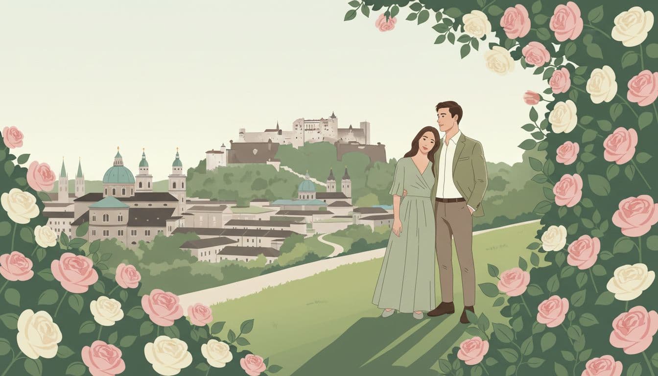 Blooming rose bushes on Rosenhugel hill frame a distant view of Hohensalzburg Fortress, with one couple posing naturally for a romantic portrait in soft late spring light.