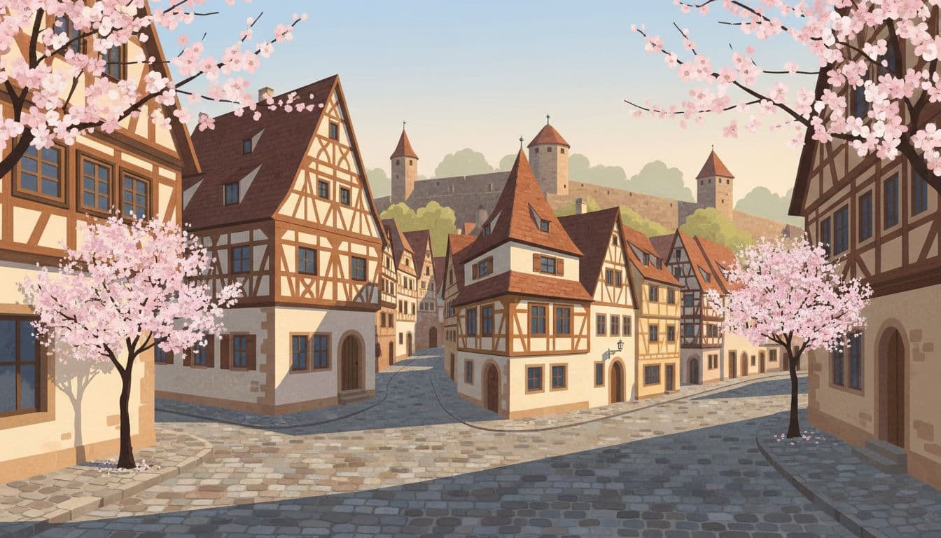 Iconic Plönlein square in Rothenburg ob der Tauber at dawn, showcasing half-timbered houses with steep roofs, empty cobblestone street, town walls, and spring cherry blossoms in soft morning light. Modern illustration with clean shapes, earth tones, pastels, emphasizing texture and depth.