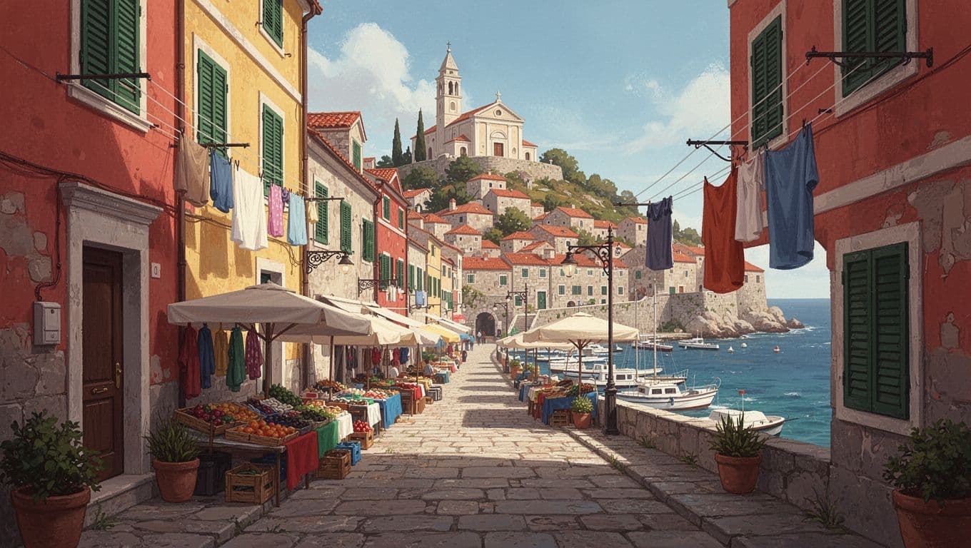 Narrow cobblestone street with market stalls and laundry lines leads to hilltop church past colorful houses to Adriatic harbor.