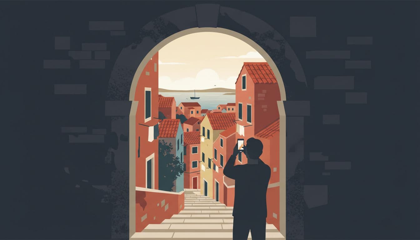 Modern illustration depicting a photographer framing layered rooftops, laundry lines, staircases, and distant harbor through an ancient stone gate in a crowded Croatian old town like Rovinj, using strong frame-within-frame composition to minimize crowd visibility.