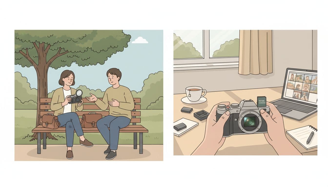 Illustration of a safe used camera purchase: buyer meets seller on public park bench for compact mirrorless camera inspection and blurred PayPal payment confirmation, split scene to home table testing camera in daylight, checking sensor, reviewing photos with accessories.