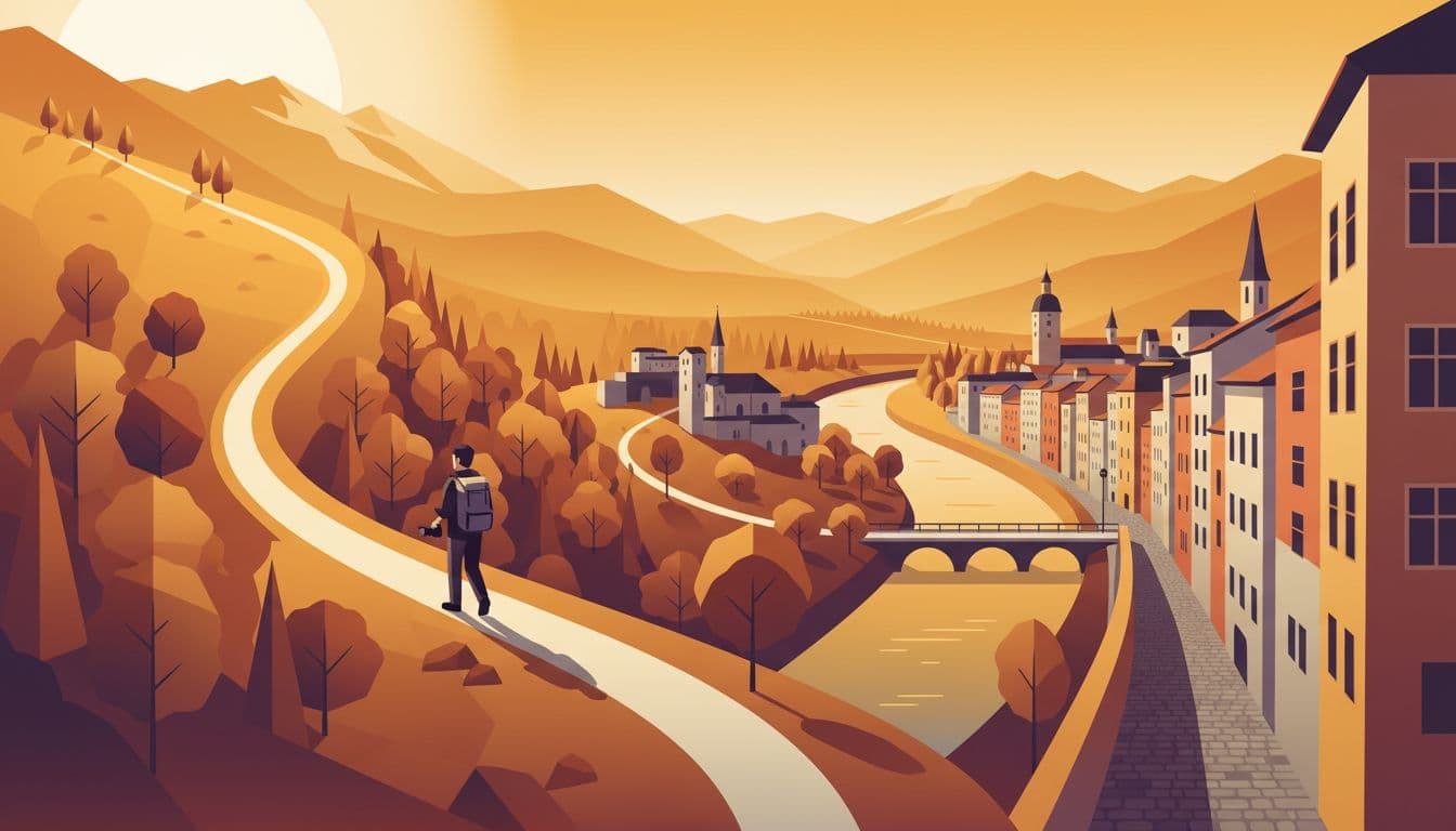 Modern illustration of a lone hiker with camera backpack on a winding path linking Salzburg's hidden photo spots from hill terrace viewpoint through wooded trails, fortress-framed trees, river bridge, to historic street, in warm golden hour light with strong diagonal composition.