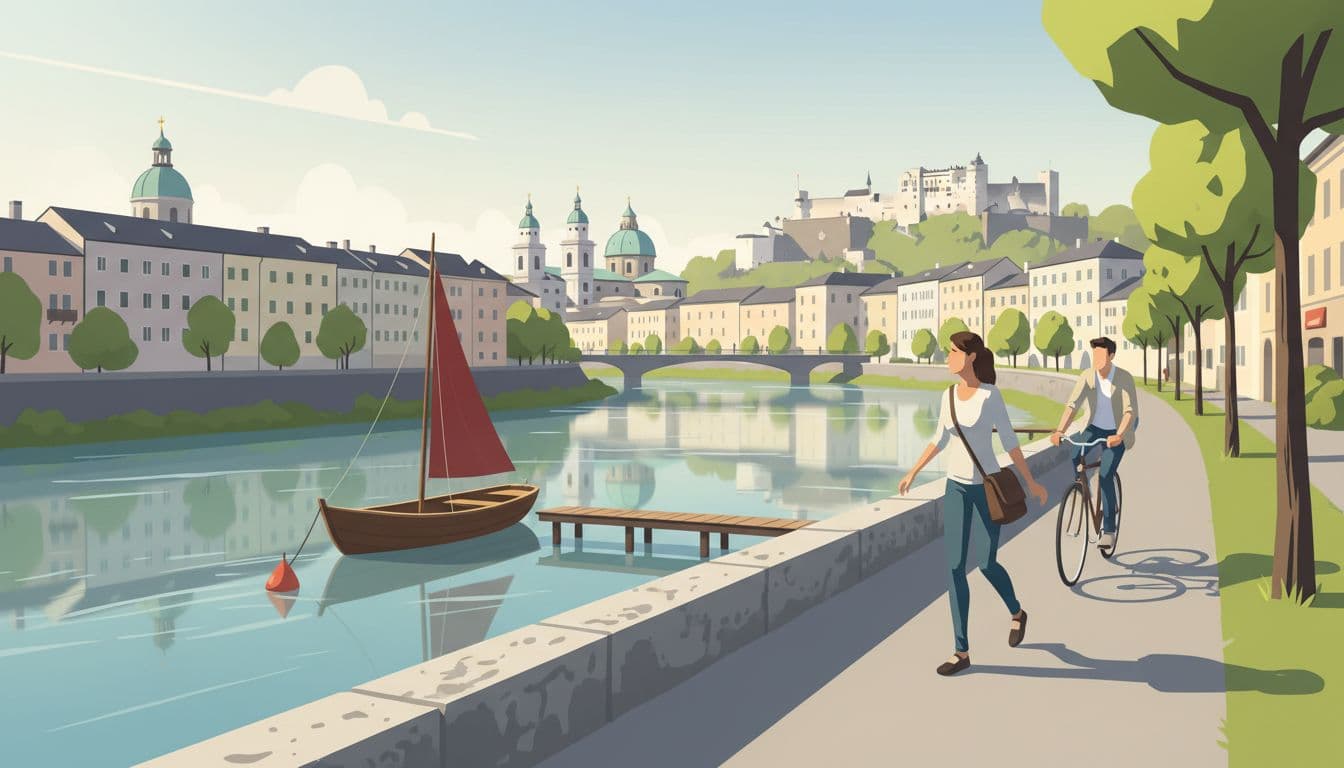 Modern illustration of Salzach riverbank path in Salzburg with candid scenes of bikes, boats, riverside houses, church domes, two locals walking, movement, depth, clean shapes, natural daylight, strong diagonal composition.