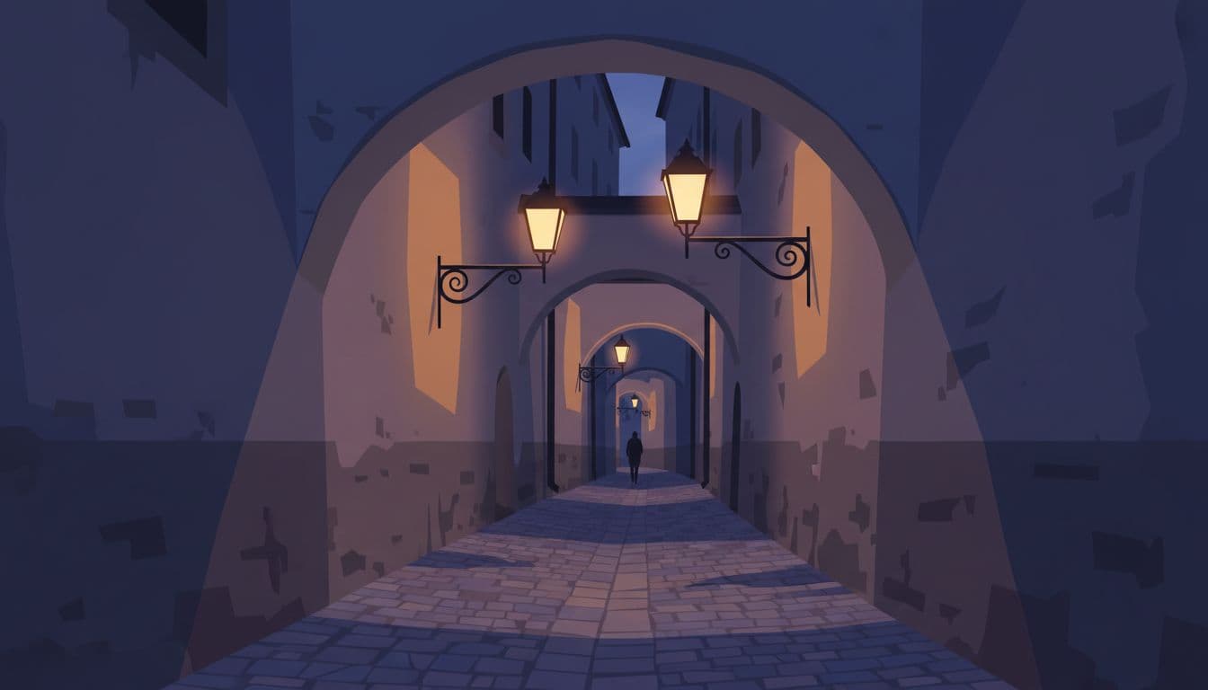 Modern illustration of Salzburg's narrow Steingasse lane at twilight, with glowing old lamps, stone walls, cobblestones, archways, and a single person walking away into the distance, evoking a quiet, moody atmosphere with strong perspective.
