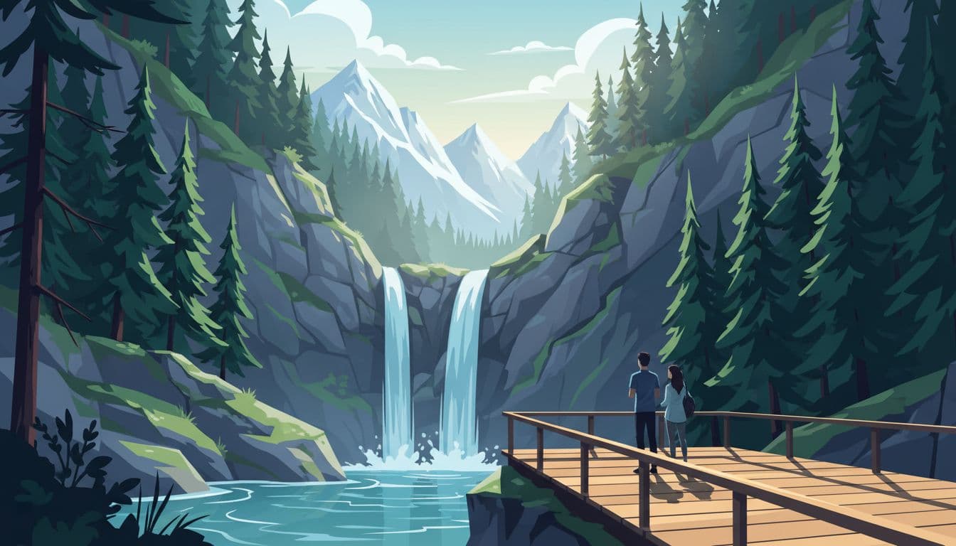 Dramatic double cascade of Savica Waterfall in Bohinj falls over mossy rocks into a clear pool, viewed from a wooden platform with safety rails and two people, amid steep forested gorge and distant Julian Alps under partly cloudy skies.