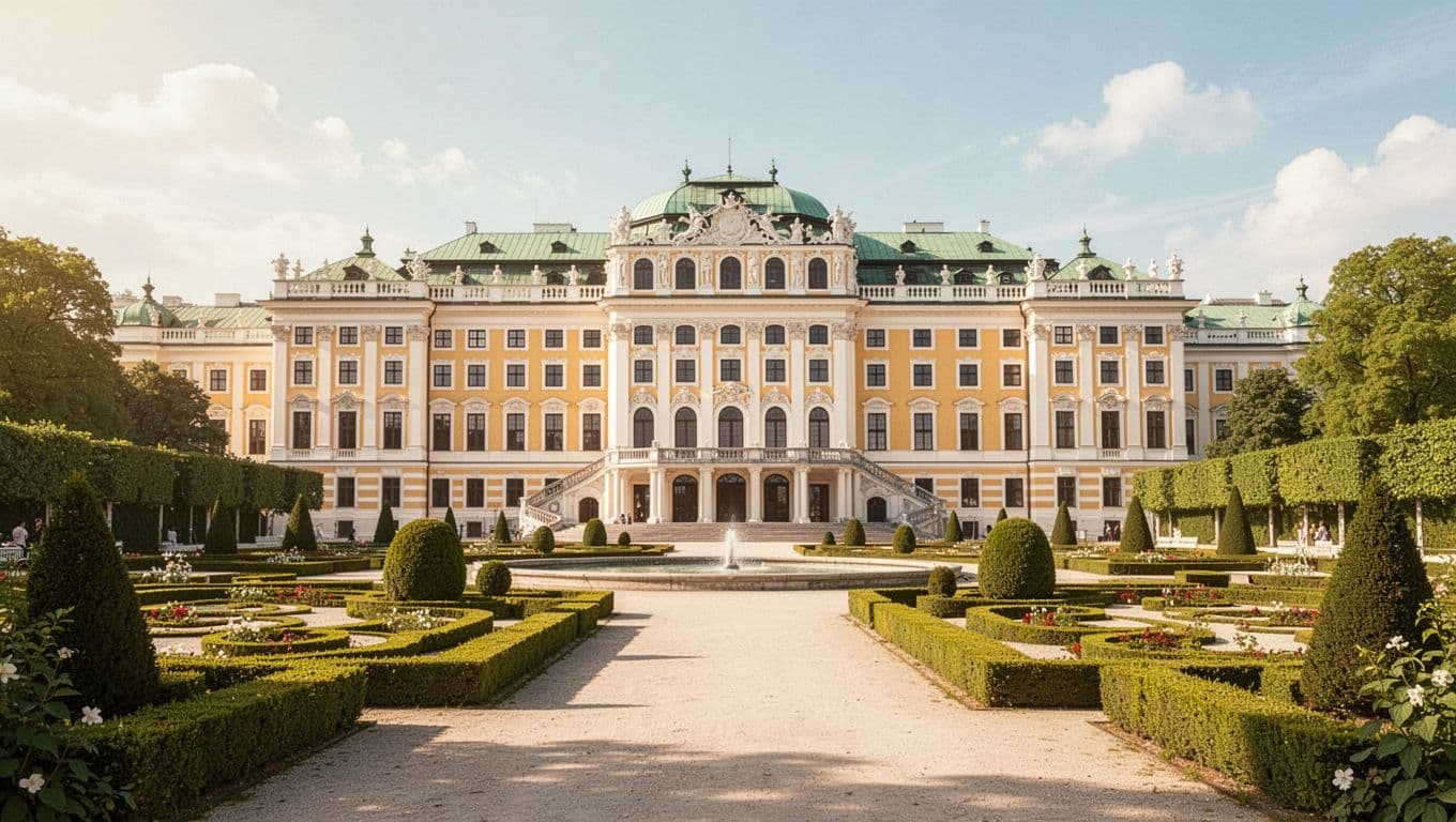 Yellow facade of Schönbrunn Palace with white accents from manicured Great Parterre hedges in morning light.