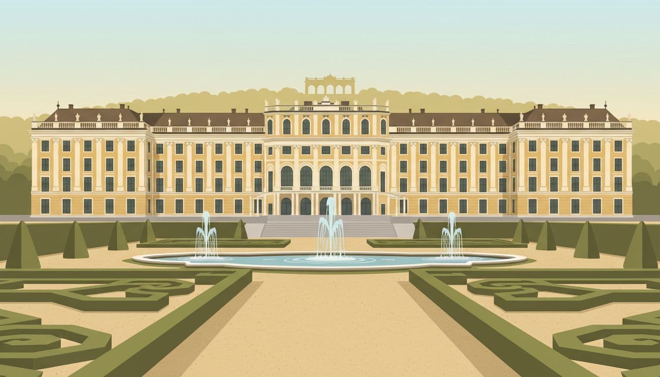 Grand facade of Schönbrunn Palace in Vienna viewed from Great Parterre formal gardens with geometric hedges and fountains leading to the palace, distant Gloriette on hilltop in background, soft early morning light, modern illustration style.