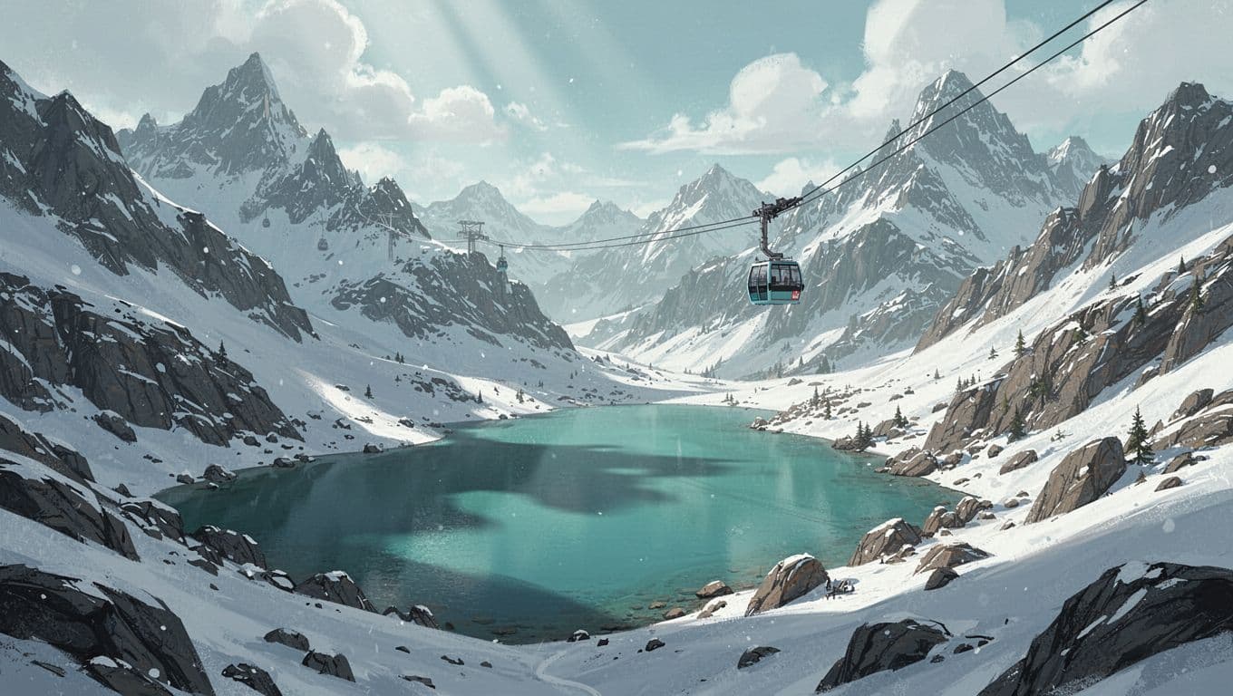 Turquoise lake nestled between snow-capped peaks with distant cable car and rocky trails.