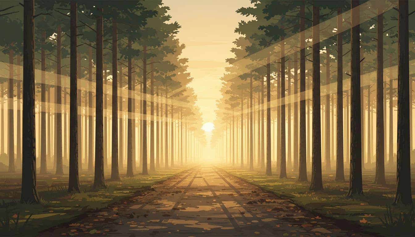 Serene empty forest path in Bavaria at sunrise with golden light filtering through tall pine trees, light mist rising from the ground, and the path curving gently into the distance in a modern illustration style.
