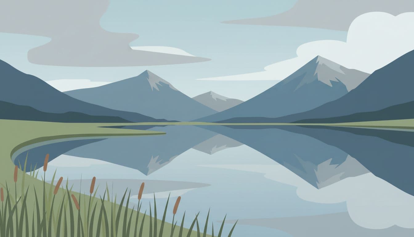 Peaceful Obersee lake with still water perfectly reflecting simple mountains and reeds along a curved shoreline, under shifting clouds, rendered in modern illustration style with clean shapes and a controlled palette of blues, grays, and greens.