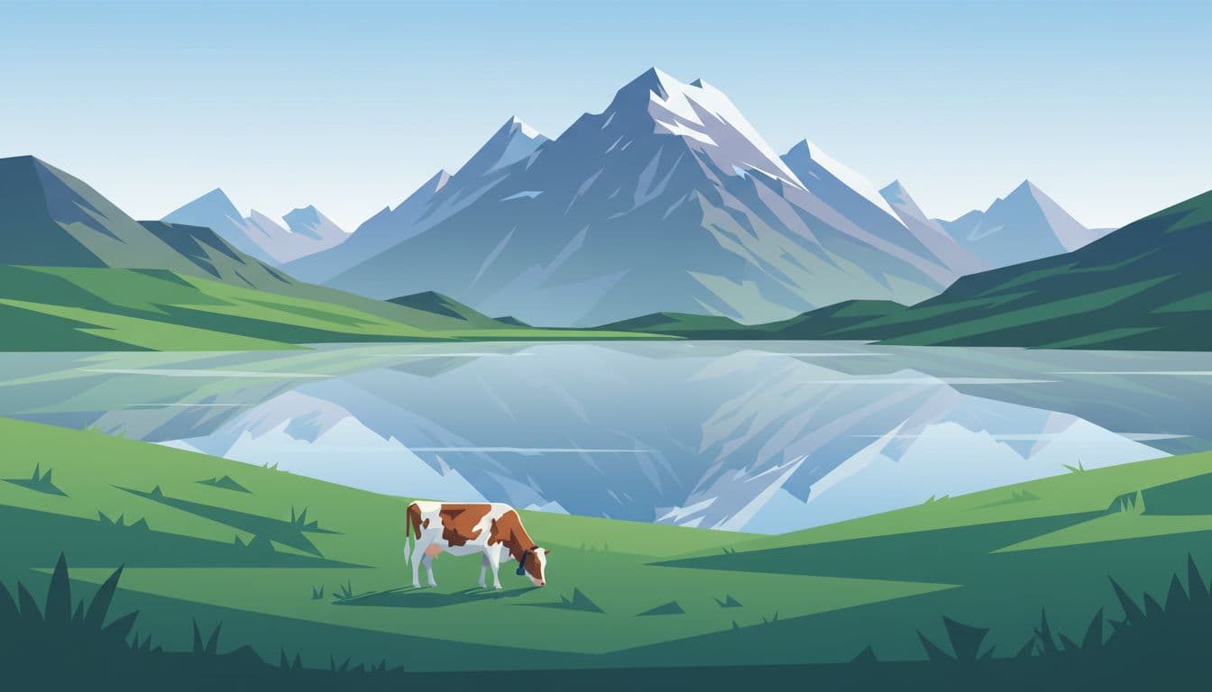 Calm Seealpsee lake features still reflective water, green meadows and grassy slopes in the foreground with one relaxed grazing cow, classic Swiss mountain peaks rising behind, in early morning soft light with modern illustration style using clean shapes and cool tones.