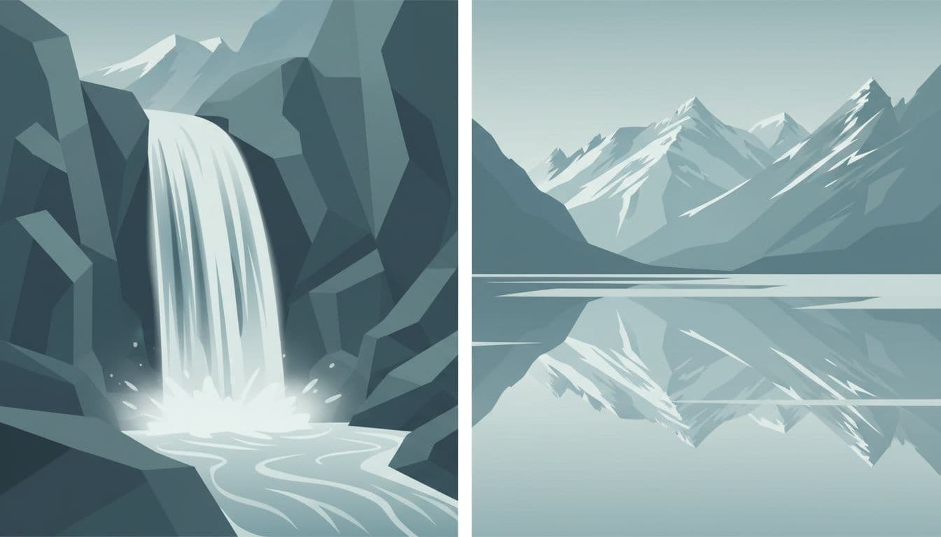 Modern illustration split scene: left fast mountain waterfall with silky blur from ND filter, right calm alpine lake with glassy surface reflecting snowy peaks.
