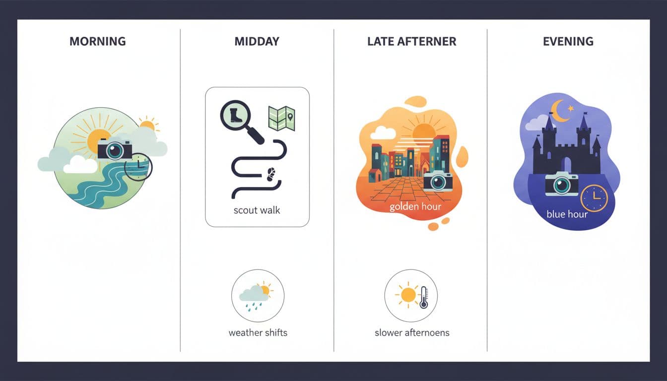 Modern illustration of a daily photo schedule in a small town, featuring icons for sunrise shoot over river, midday scout walk, golden hour streets, blue hour castle, and weather symbols like fog and sun on a simple planner page background with clean shapes and strong composition.