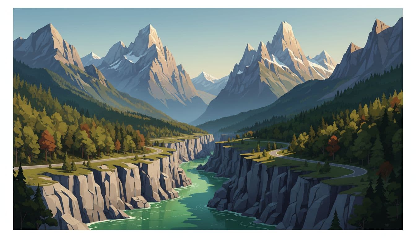 The Soča River Valley showcases emerald green water flowing through a rugged rocky gorge beneath jagged Julian Alps peaks, with a winding road along the riverbank, forested slopes, and distant snow-capped mountains in a modern illustration style during golden hour.