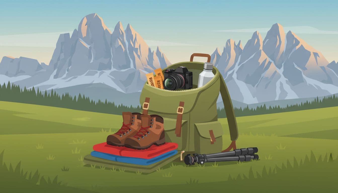 An open backpack on a grassy alpine meadow in the South Tyrol Dolomites displays lightweight essentials for hiking and landscape photography including sturdy shoes, warm layers, water bottle, camera with lenses, tripod, and snacks, with distant jagged peaks under soft morning light in a modern illustration style.