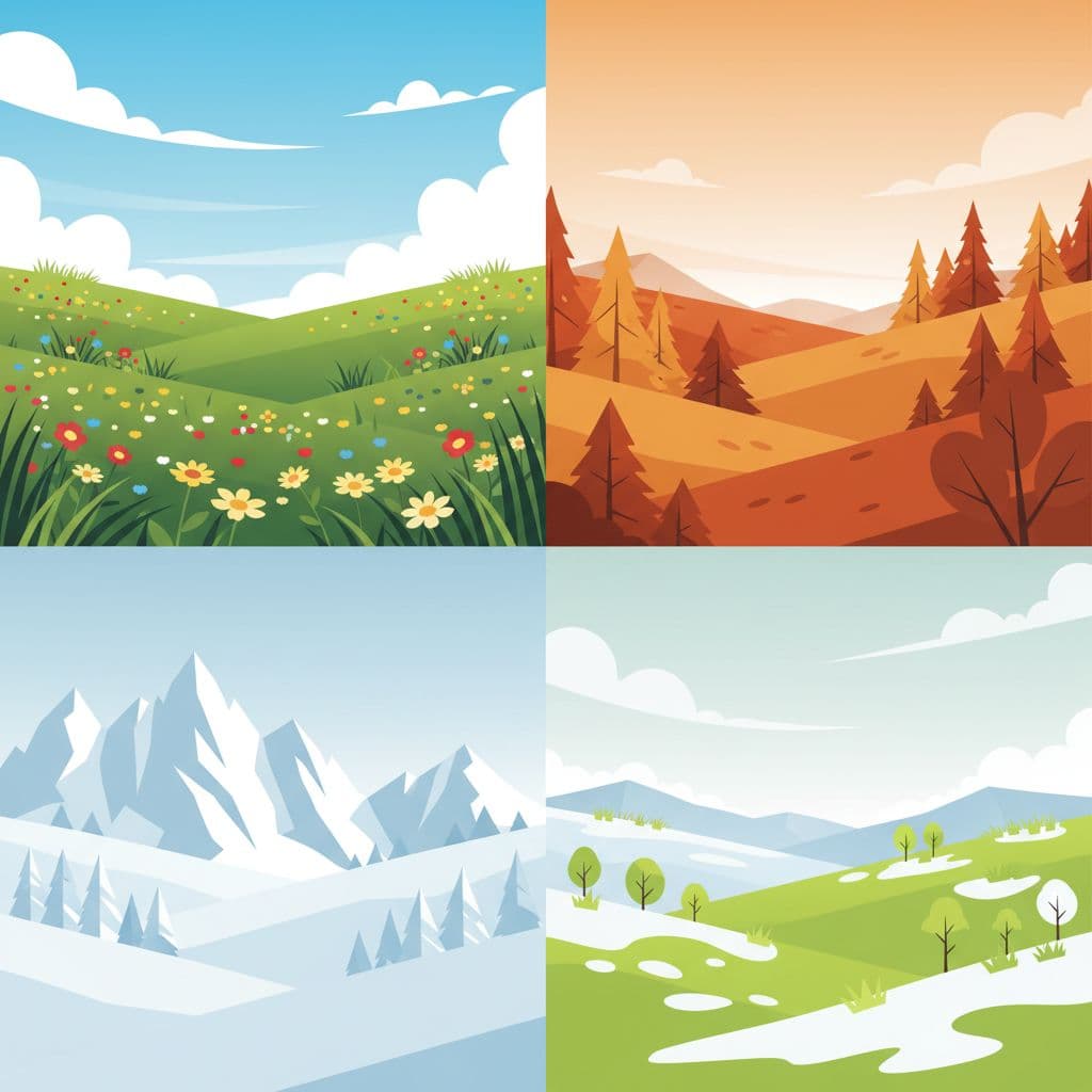 Split composition of four South Tyrol seasonal scenes: top-left summer green meadows with wildflowers, top-right fall golden larch trees on hills, bottom-left winter snow-covered peaks with clean lines, bottom-right spring melting snow and fresh greens. Modern illustration style featuring clean shapes, consistent controlled color palette shifting by season, and strong balanced composition.