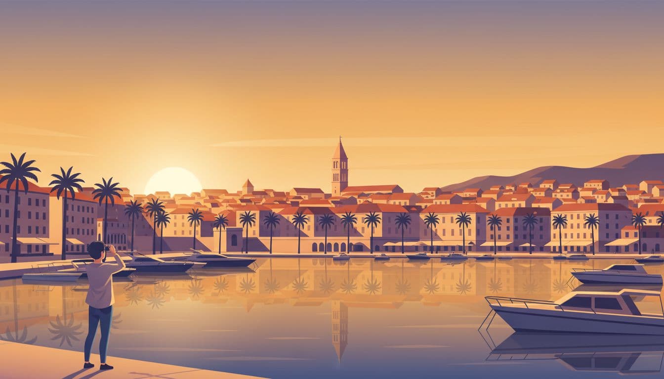 Wide panoramic view from Split Croatia's western harbor featuring the full Diocletian's Palace old town core, bell tower, palms along Riva promenade, boats in foreground water, and waterfront buildings under warm golden sunrise light. Modern illustration style with clean shapes, controlled warm orange-blue palette, strong horizontal composition, and exactly one person in foreground holding a camera.