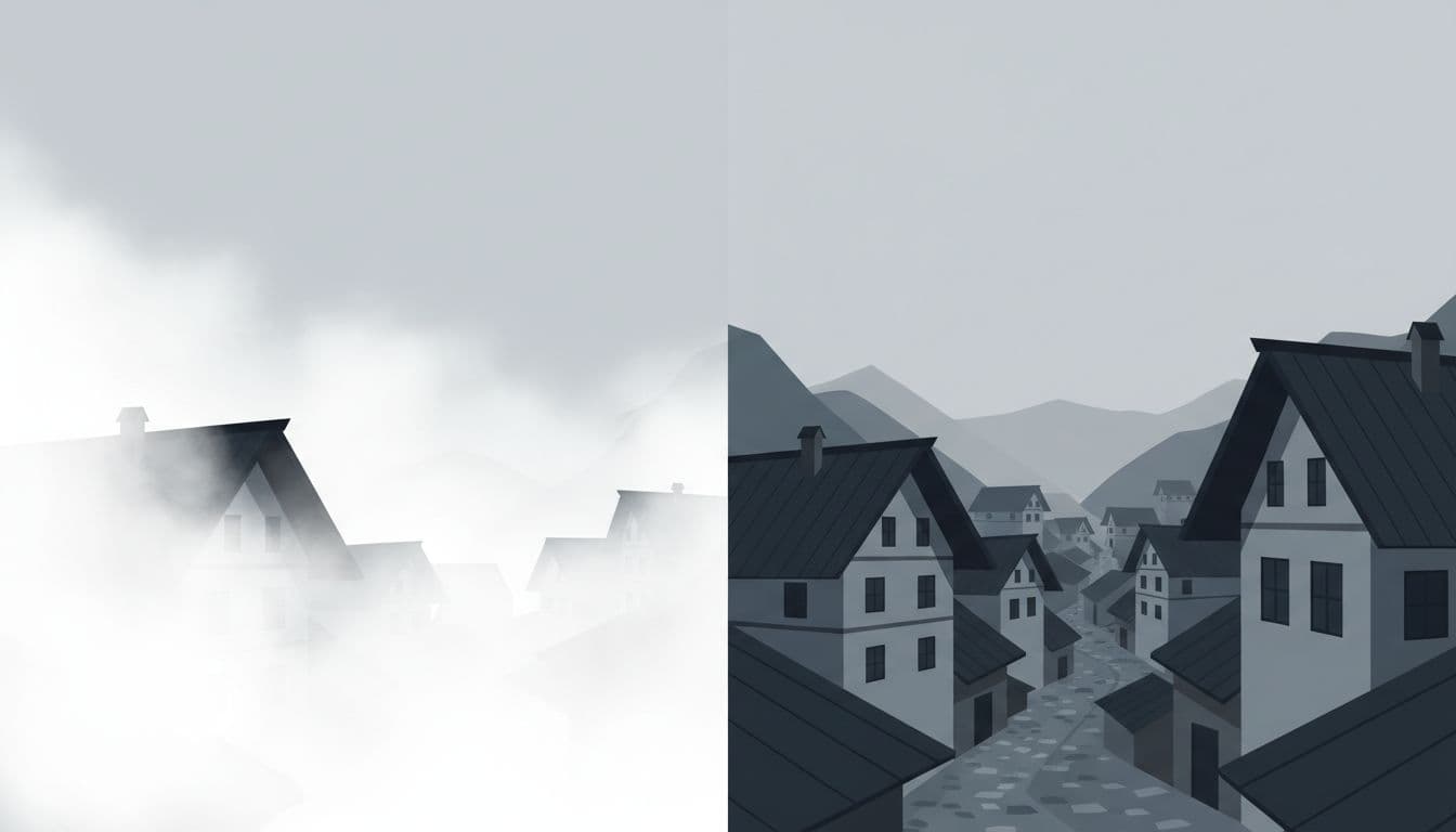 Split scene of a mountain village: left side shrouded in thick white fog erasing depth around houses, right side with fog lifting to reveal clear rooftops and streets under a flat gray sky. Modern illustration with clean shapes, cool tones, and strong contrast between dense mist and dissipated fog; landscape composition, no people or text.