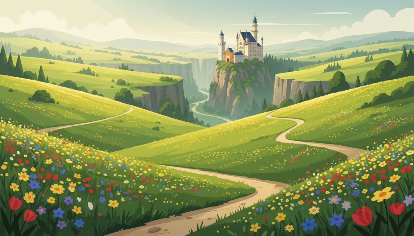 Lush green hills covered in wildflowers with a distant fairy-tale castle on a cliff above a gorge, soft morning light, open empty paths in a Bavarian scene, modern illustration style.