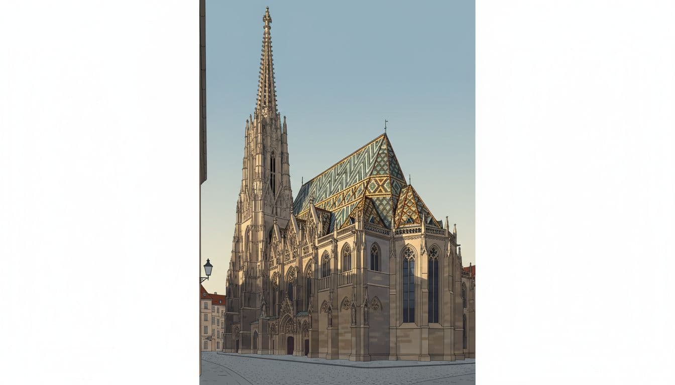 Stephansdom cathedral in Vienna, with its tall Gothic spire piercing the skyline above intricate carved stonework facade and colorful tiled roof, framed from a narrow cobblestone street in early morning soft light.