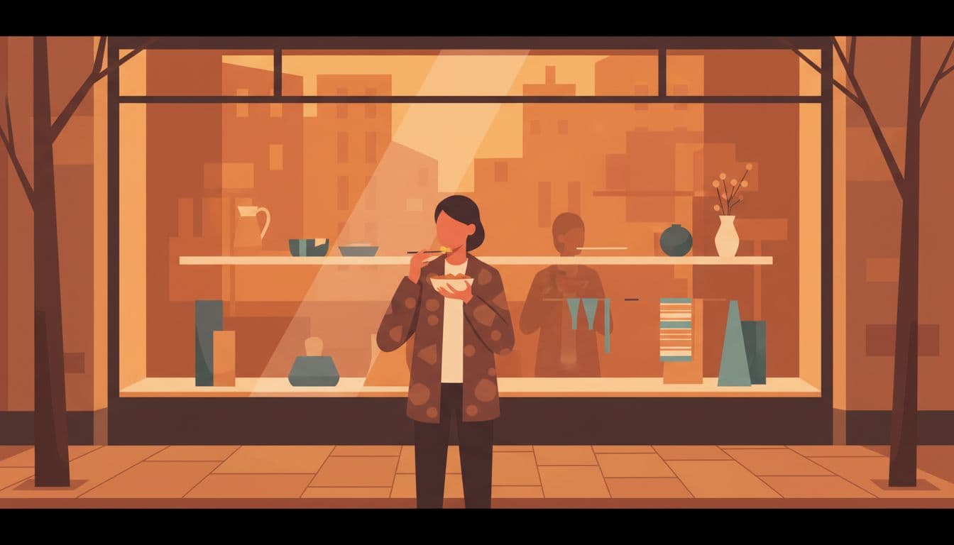 Modern illustration of a single person eating street food near a shop window with glass reflections, layered details, clean shapes, and warm golden hour lighting.