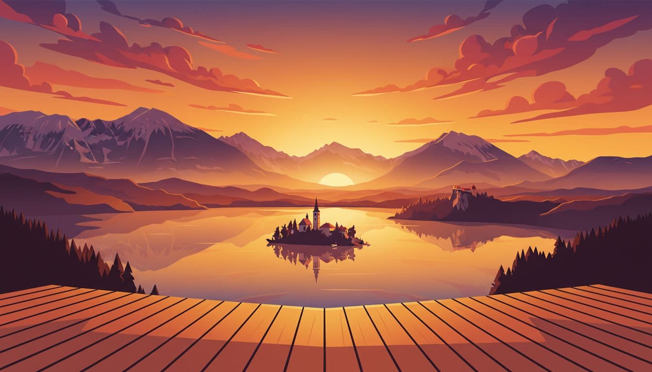 Modern illustration capturing a sunset panorama from Mala Osojnica over Lake Bled, with warm tones on the lake island church, castle, and mountains, vibrant sky with clouds, wooden platform, clean shapes and strong composition.