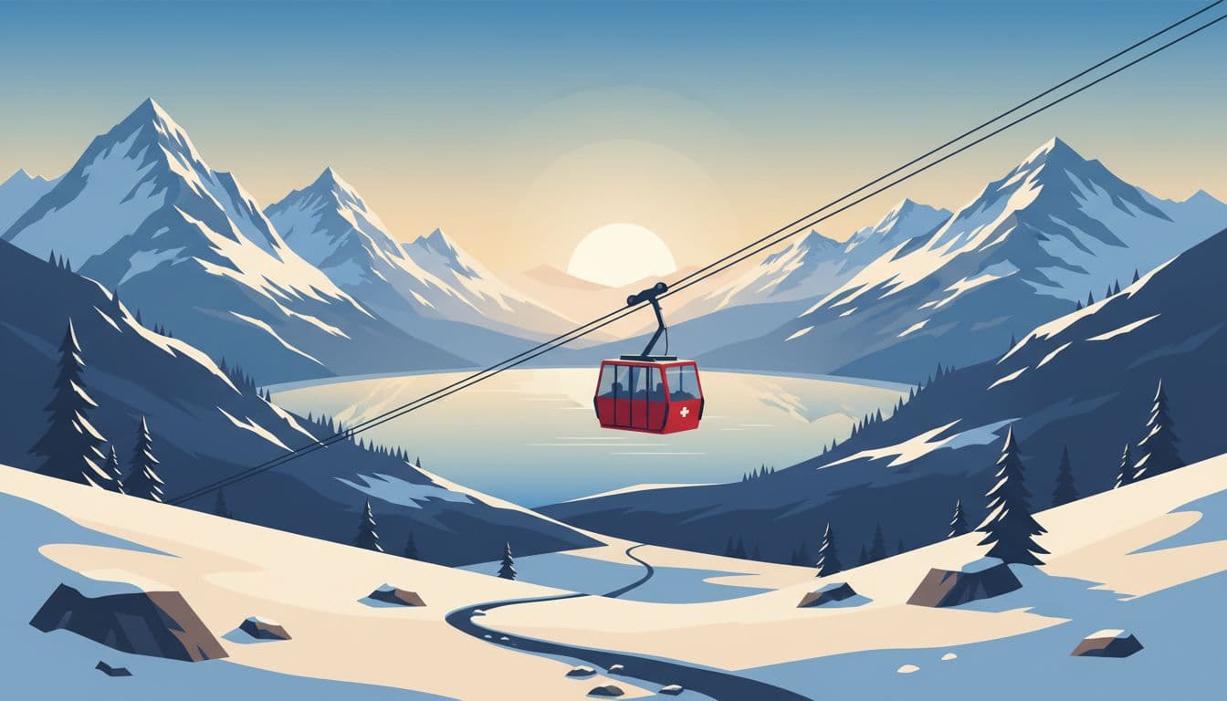 Swiss mountain cable car ascending to alpine lake viewpoint at first light, snowy peaks in background, trail below, in modern illustration style with clean shapes and controlled colors.