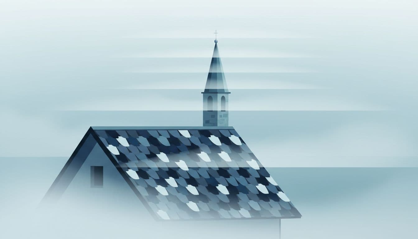 Telephoto compressed view of a foggy mountain village featuring a single house half-shrouded in mist with repeating roof patterns and a church tower piercing layered fog. Modern illustration style with clean shapes, cool tones, strong composition, and isolated details.