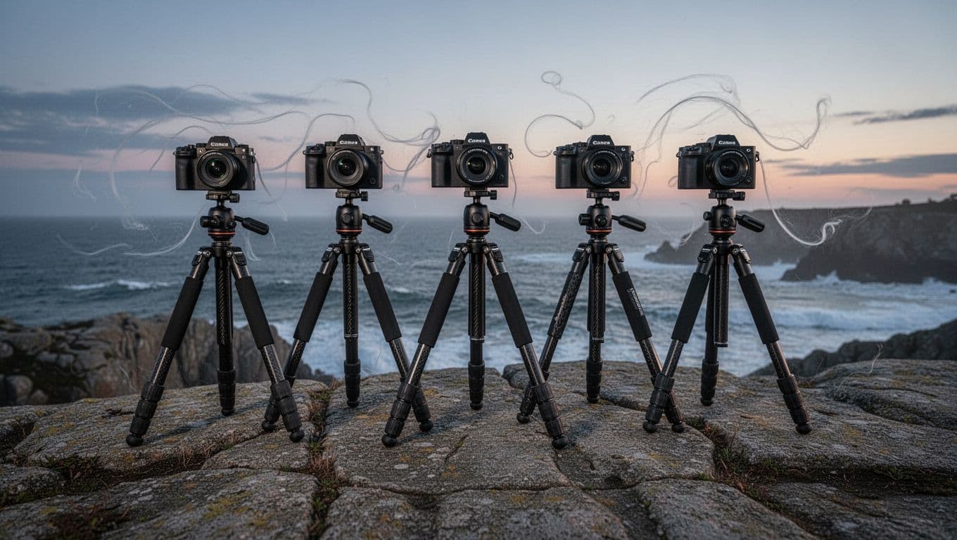 Modern illustration depicting five lightweight carbon fiber travel tripods side by side on a windy rocky coastal cliff at dusk: SIRUI Traveler 5C, K&F Concept 64 inch, Peak Design Travel Tripod, Vanguard VEO 3GO 235CB, Gitzo Traveler Series 1, each steadily supporting a mirrorless camera against the wind.