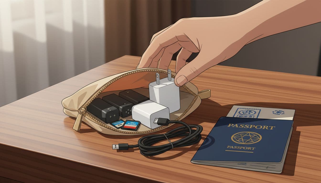 Close-up illustration of a hand packing spare camera batteries, SD cards, and USB charger into a small pouch on a wooden hotel desk with passport nearby, in modern style with clean shapes and warm colors.