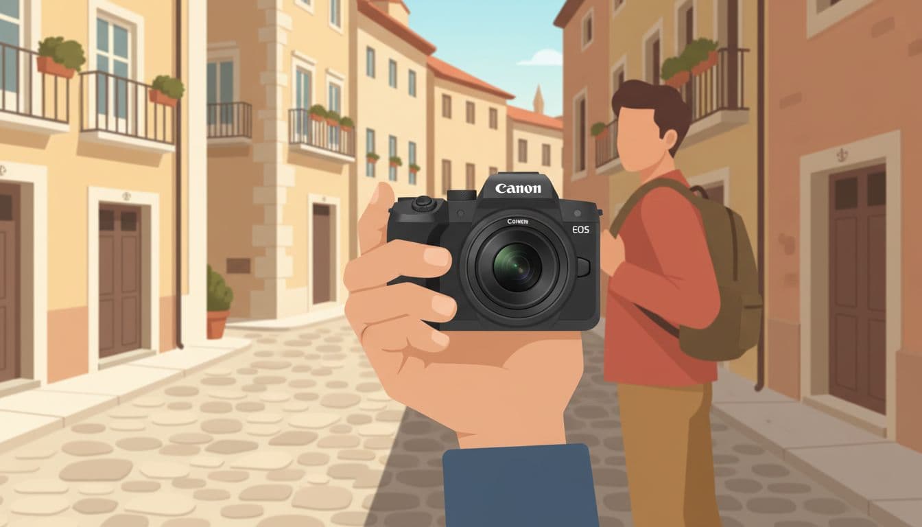 A lightweight Canon EOS R10 mirrorless camera held in one hand by a traveler on a sunny European cobblestone street with old buildings and backpack. Modern illustration style with clean shapes, warm colors, and soft natural lighting focusing on the camera.