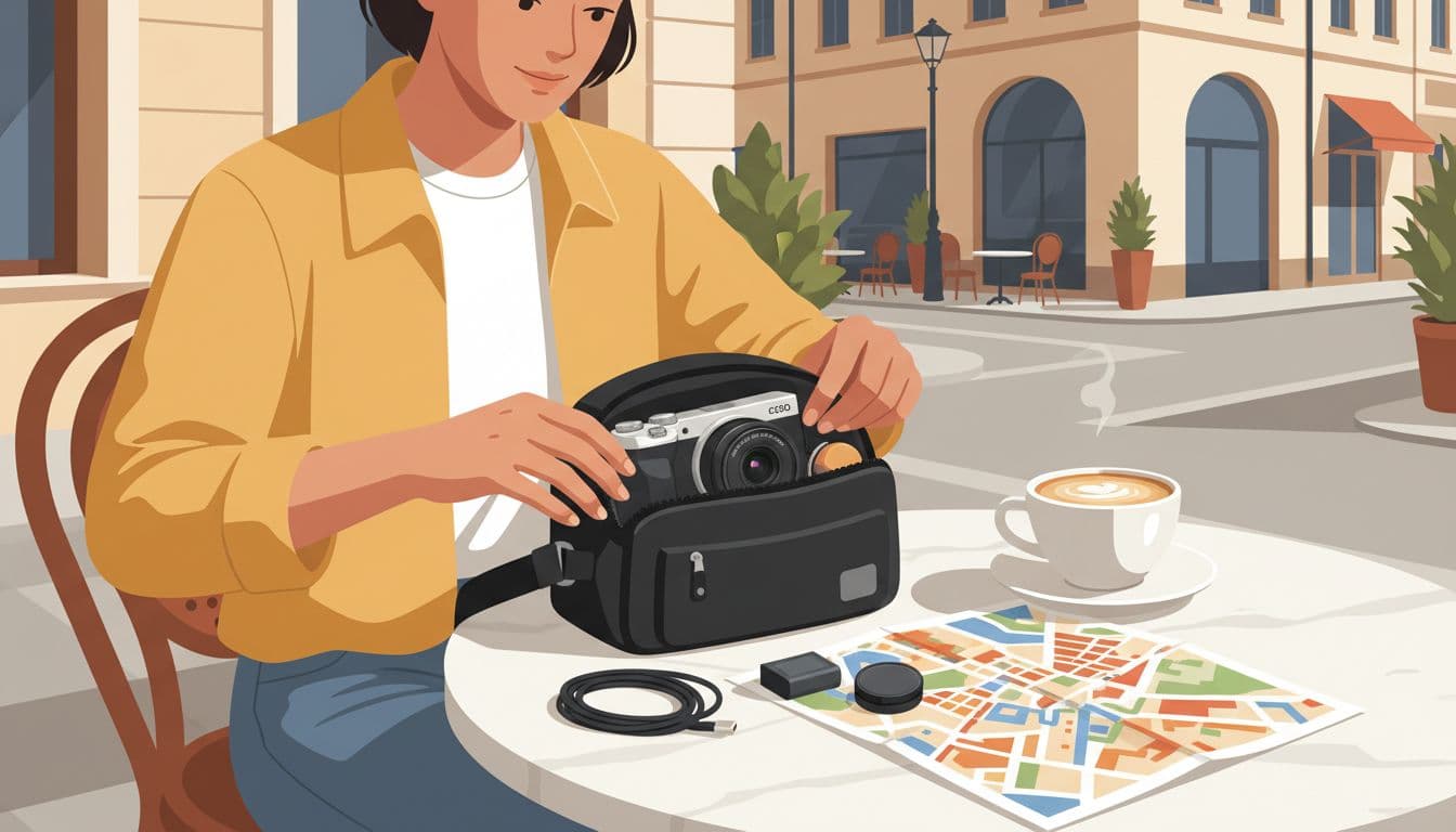 One traveler sits at a cafe table on a sunny city street, packing a Canon EOS R50 mirrorless camera with RF-S 18-45mm lens, spare battery, and accessories into a compact sling bag next to a coffee cup and city map, emphasizing lightweight portability.