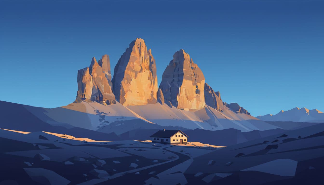 View from Dreizinnen Hut showing the three jagged peaks of Tre Cime di Lavaredo against a clear sky at sunrise, with an alpine hut and rocky path in the foreground, illuminated by warm glow and long shadows in a modern illustration style.