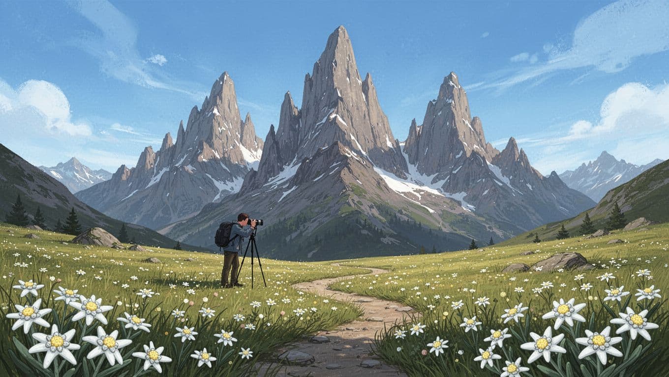 Jagged three peaks rise against blue sky over edelweiss-dotted meadows; path leads to peaks with one photographer and tripod.