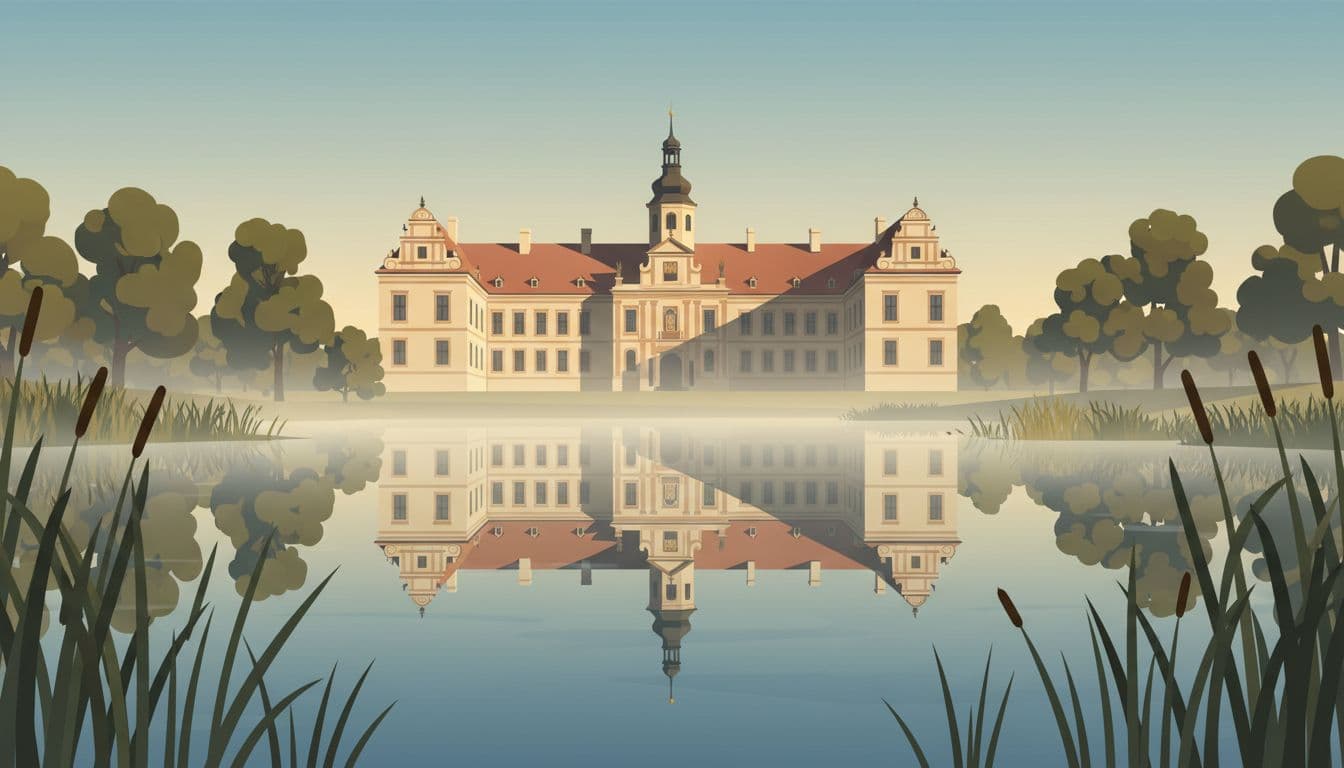 Mirror-still fish ponds with reeds and wetlands in foreground, soft fog over calm water featuring perfect reflections of plants and distant trees, with Renaissance facades and a chateau in the background under golden morning light, in a modern illustration style.