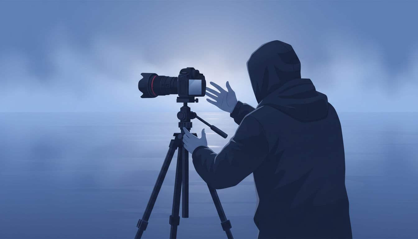 Modern illustration of a photographer setting up a tripod with wide lens camera at dawn by a misty lake, focusing on gear stability in low pre-sunrise light.