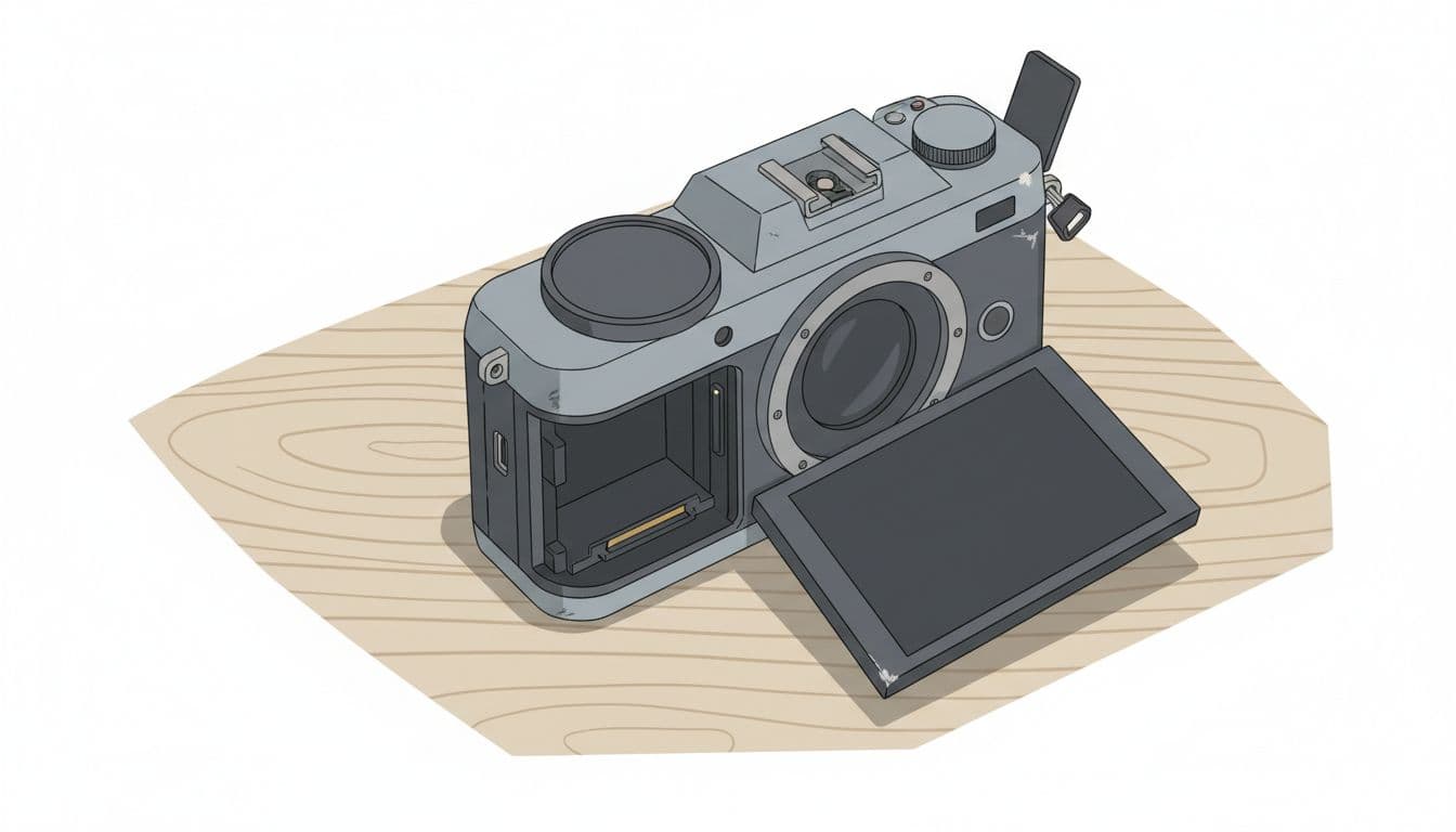 Illustration of a compact used mirrorless camera body on a wooden table, with lens cap on, screen flipped out, battery compartment open, USB port cover lifted, showing light scuffs and key inspection areas like sensor mount and hot shoe.