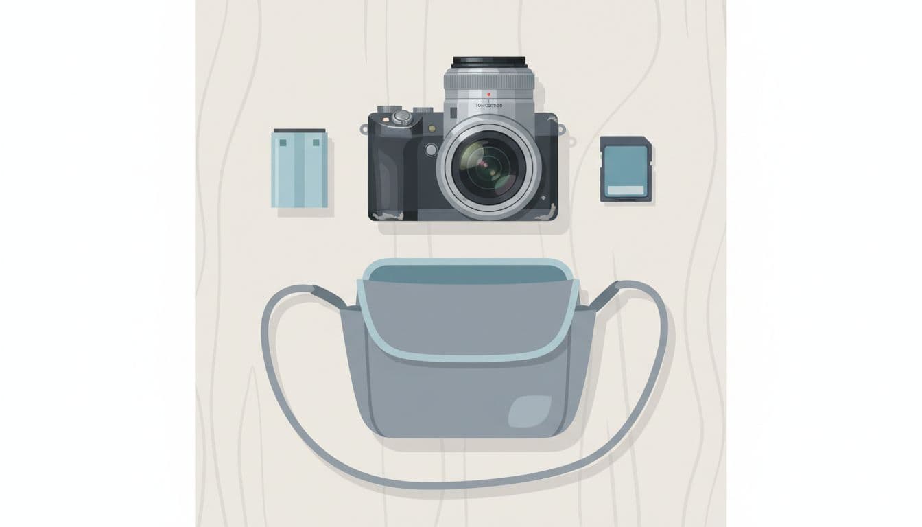 Compact used mirrorless camera body with 18-55mm zoom lens, spare battery, SD memory card, and slim shoulder bag arranged on a light wooden table in modern illustration style.