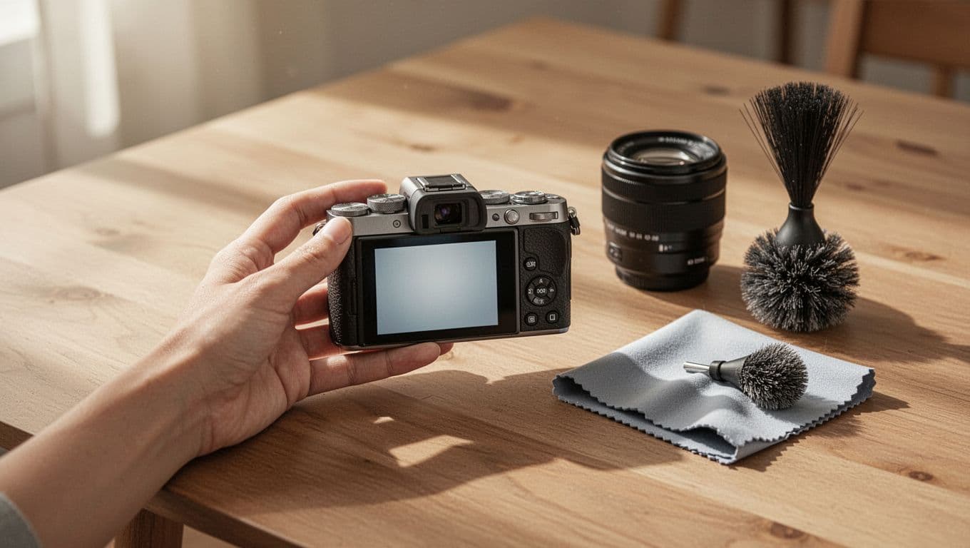 Close-up of a used Sony a6400 camera on a wooden table during inspection, screen showing shutter count readout, lens separate nearby, soft cloth and blower brush beside it, one hand holding the body. Modern illustration with clean shapes, warm neutral colors, and soft lighting.