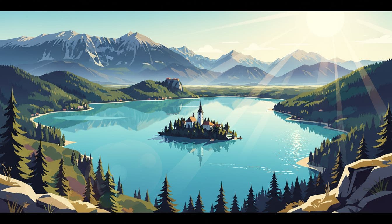 Modern illustration of panoramic view from Velika Osojnica over Lake Bled at midday, with bright sunlight highlighting the lake, island church, mountains; elevated viewpoint with clear separation from shore, clean shapes, strong contrast, vibrant colors, no people, text, or logos.