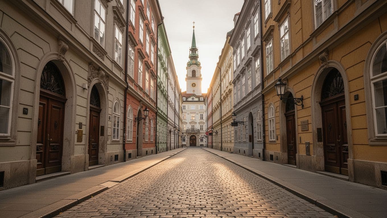 Narrow cobblestone street in Vienna Innere Stadt lined with colorful historic buildings and arched doorways, leading to a church spire in golden hour light.