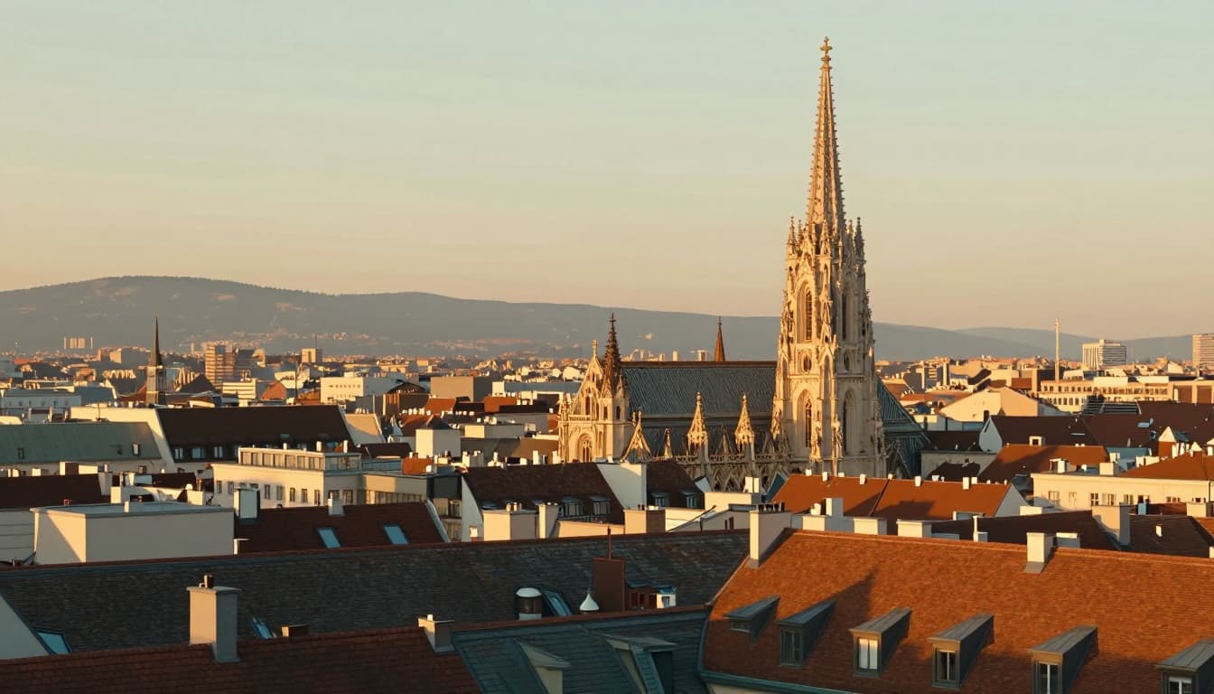 Panoramic rooftop view over Vienna's historic tiled roofs, prominent St. Stephen's Cathedral spire, and distant hills at golden hour sunset.