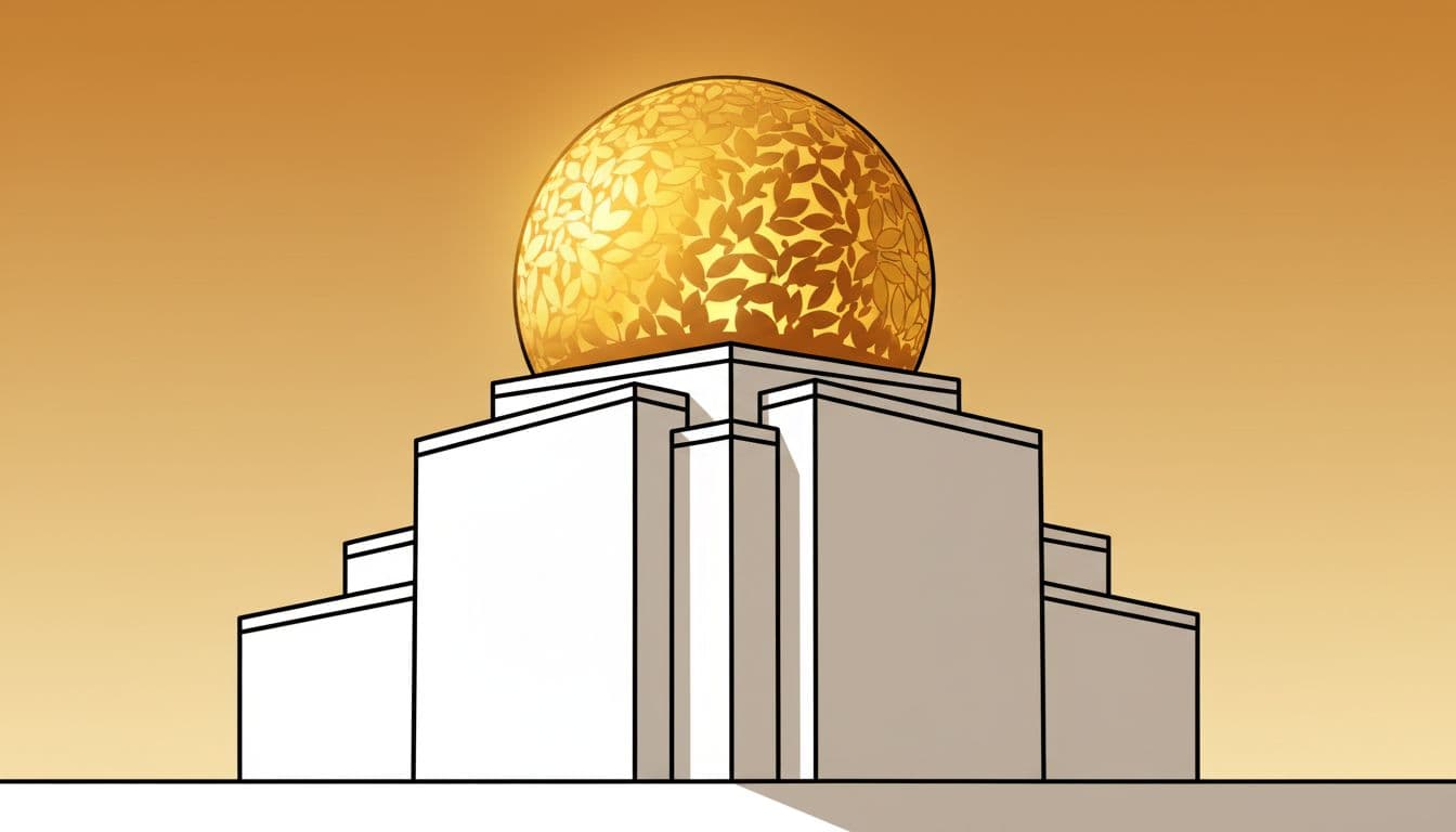 Secession Building in Vienna featuring clean white walls and glowing gold-leaf dome at golden hour, minimalist composition with bold simple shapes in modern illustration style.