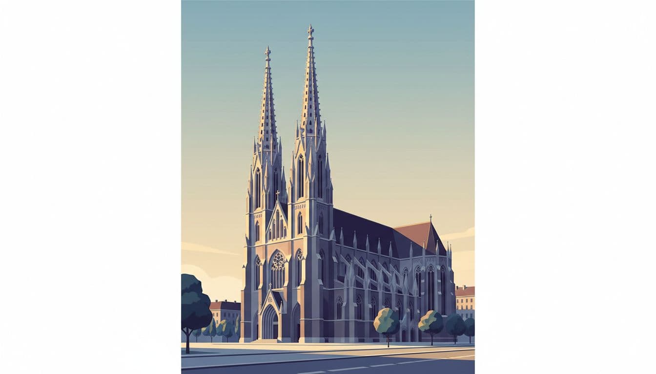 Sharp Neo-Gothic spires and vertical lines of Votiv Church along Ringstrasse in Vienna, captured from a side angle with clean foreground and early morning soft light in a modern illustration style.